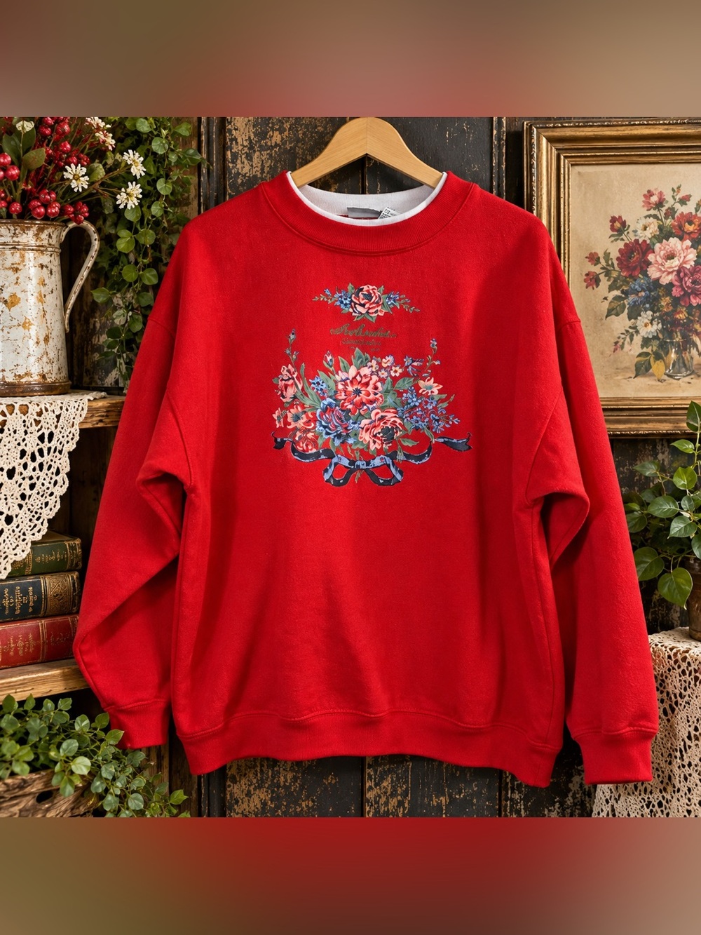Vintage Basic Editions Red Floral Sweatshirt XL